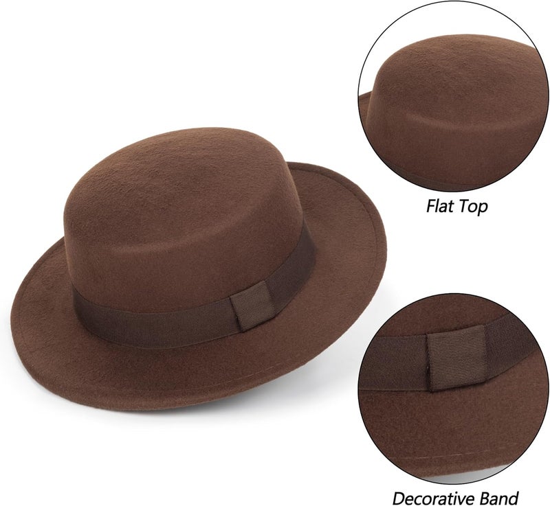 Mawjom Wide-Brim-Felt-Panama-Fedora-Hat with Flat-Top-Pork-Pie Cap for Women Men (Size:M) - Image 5